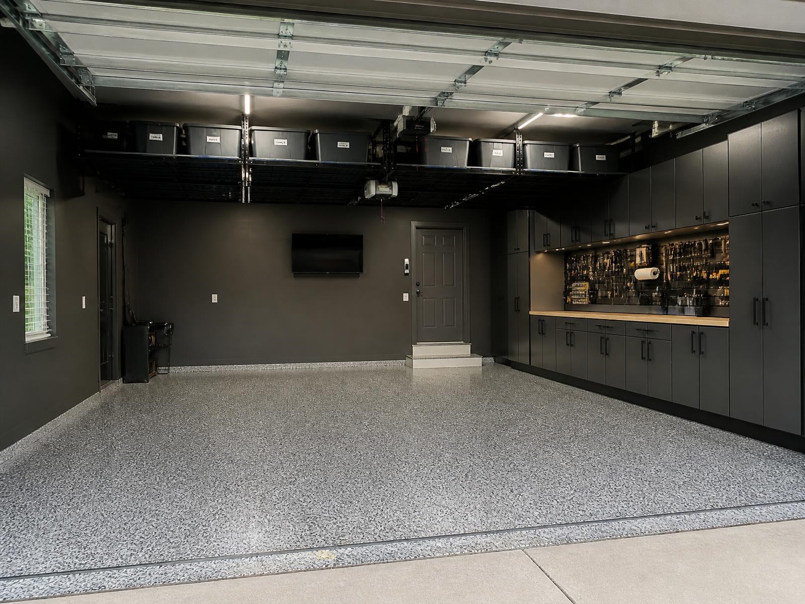 Illustrative Elevate package: flake flooring, painted walls, multi-zone storage, and upgraded lighting — after